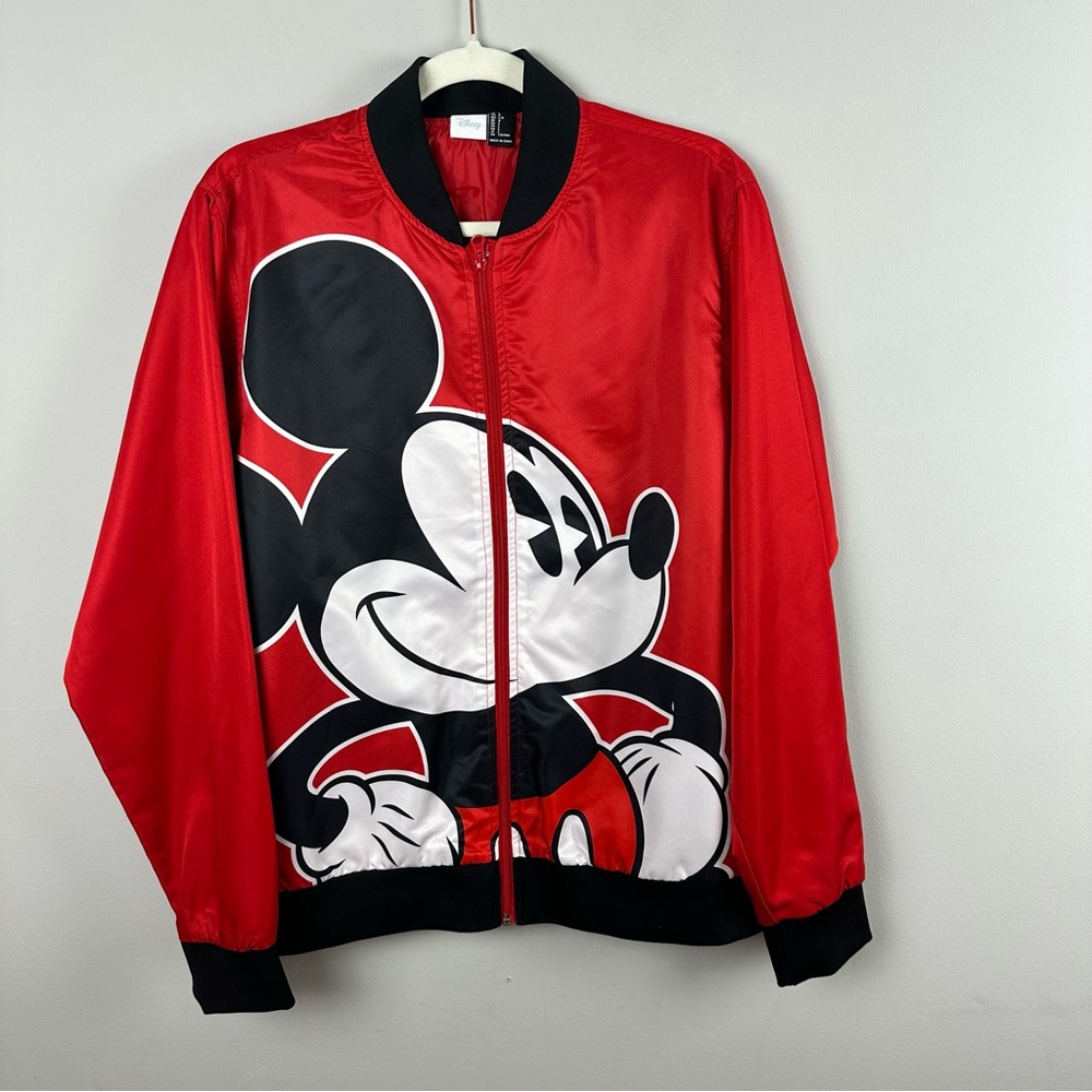 Disney Mickey Mouse Red Bomber Jacket Unisex Size L – Bold Graphic Satin Zip-Up
